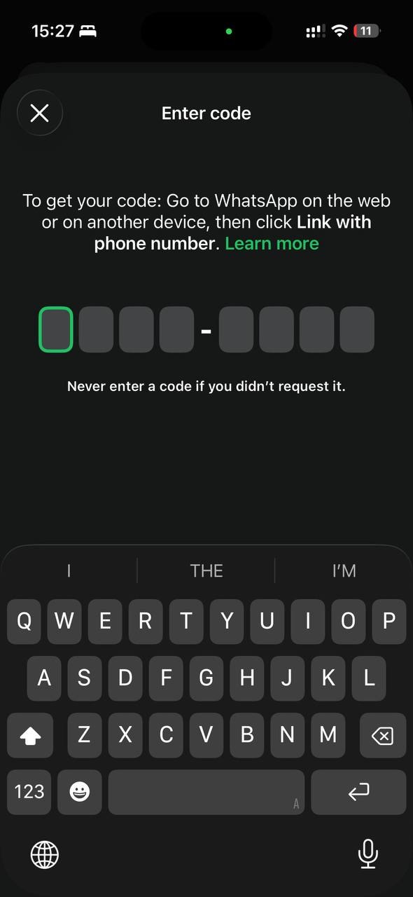 WhatsApp Enter code screen on the phone, empty, ready for the code from the computer
