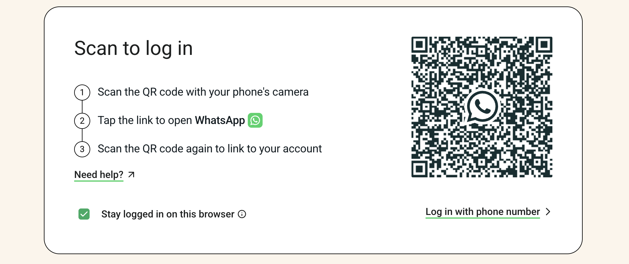 WhatsApp Web — scan to log in QR screen