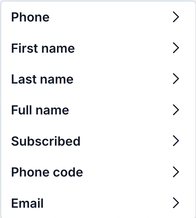 WABB Contacts System filter list with Phone, First name, Last name, Full name, Subscribed, Phone code and Email