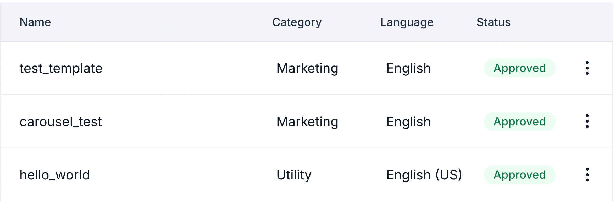 WABB Message templates tab with Name, Category, Language and Status columns, showing Marketing and Utility templates marked Approved