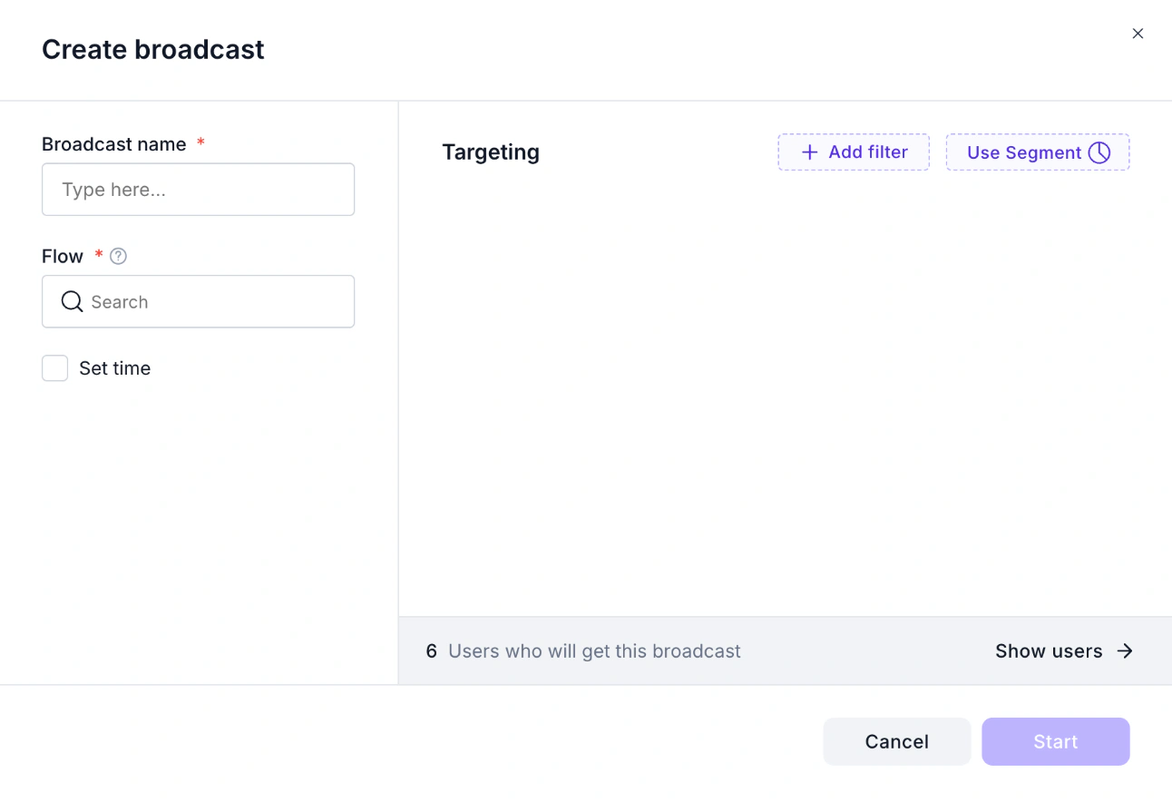 WABB Create broadcast form with a broadcast name, a required Flow field, a Set time checkbox, Add filter and Use Segment targeting buttons and a Show users link