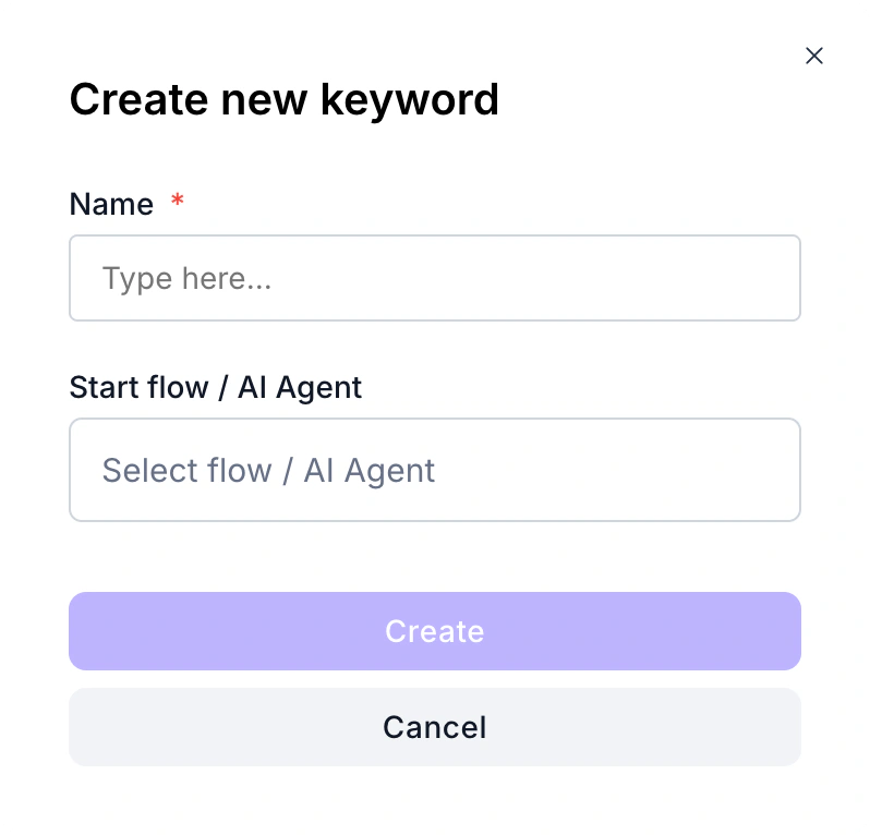 WABB Create new keyword form with a Name field and a Start flow or AI Agent selector