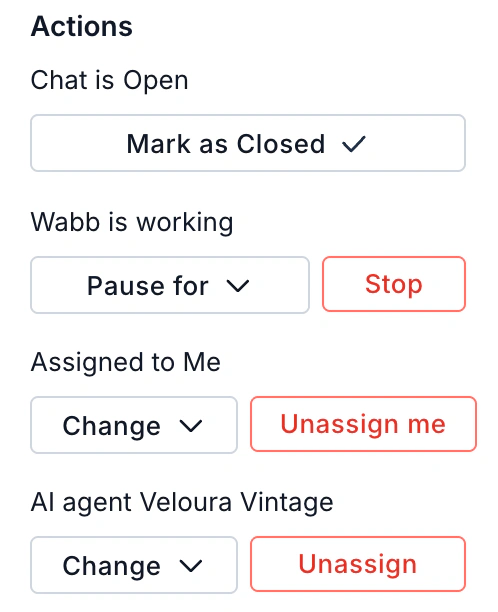 WABB chat Actions panel with Mark as Closed, Pause for and Stop under Wabb is working, Assigned to Me with Change and Unassign me, and an AI agent with Change and Unassign