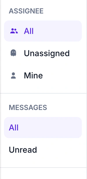 WABB Chats filters: Assignee with All, Unassigned and Mine, and Messages with All and Unread